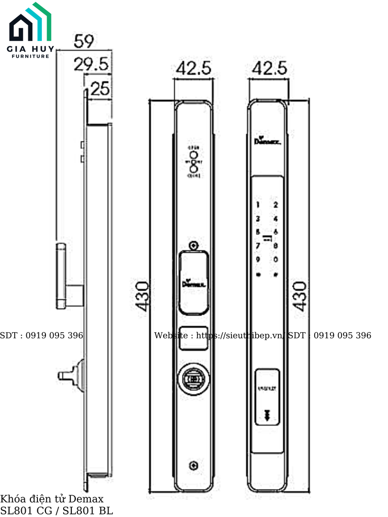 Khóa điện tử Demax SL801 CG / SL801 BL (Champagne Gold / Đen - Mở khóa bằng APP WIFI - Dùng cho cửa chính, nhôm, sắt , inox)