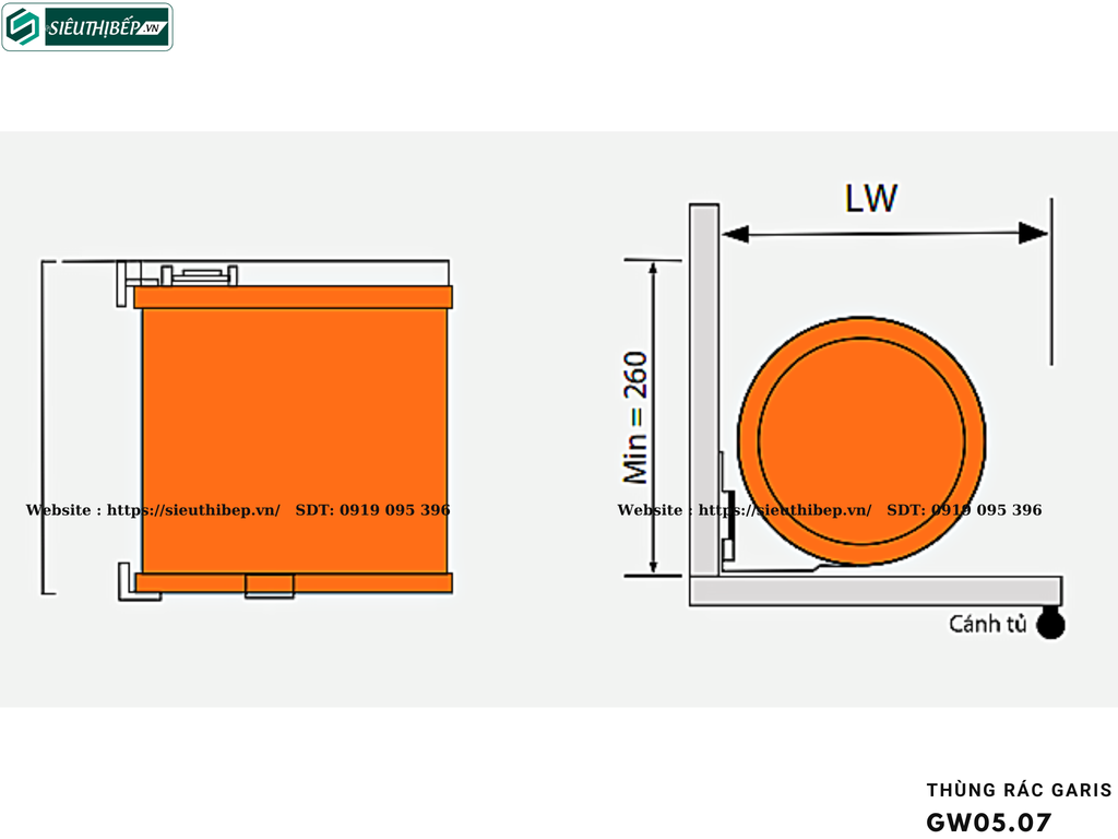 Thùng rác Garis GW05.10 / GW05.07 (Thùng đơn tròn, Vỏ inox, nắp màu ghi trắng, cánh mở, kích thước mặt cánh ≥ 400mm)