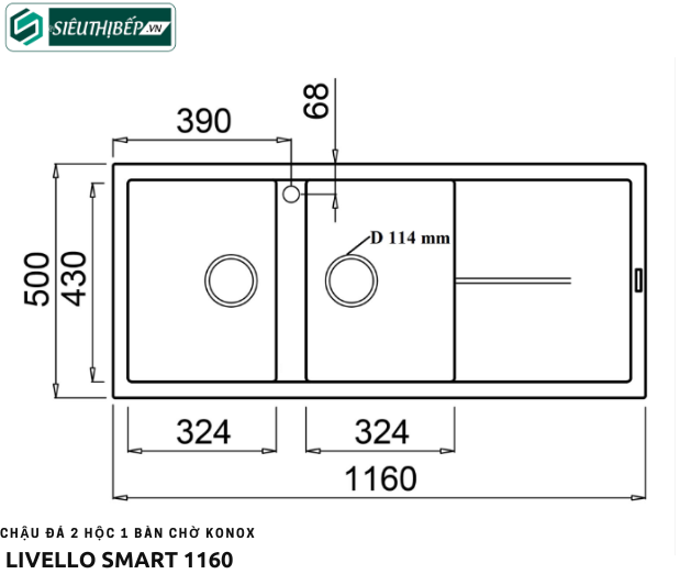Chậu rửa bát đá Konox LIVELLO SMART 1160 (2 hộc 1 bàn chờ)