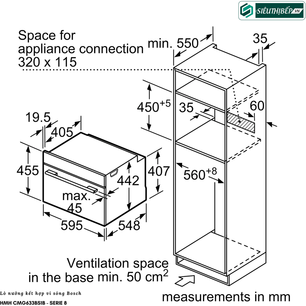 Lò kết hợp Bosch HMH CMG633BS1B - Serie 8 (Lò nướng kết hợp lò vi sóng - 45 Lít)