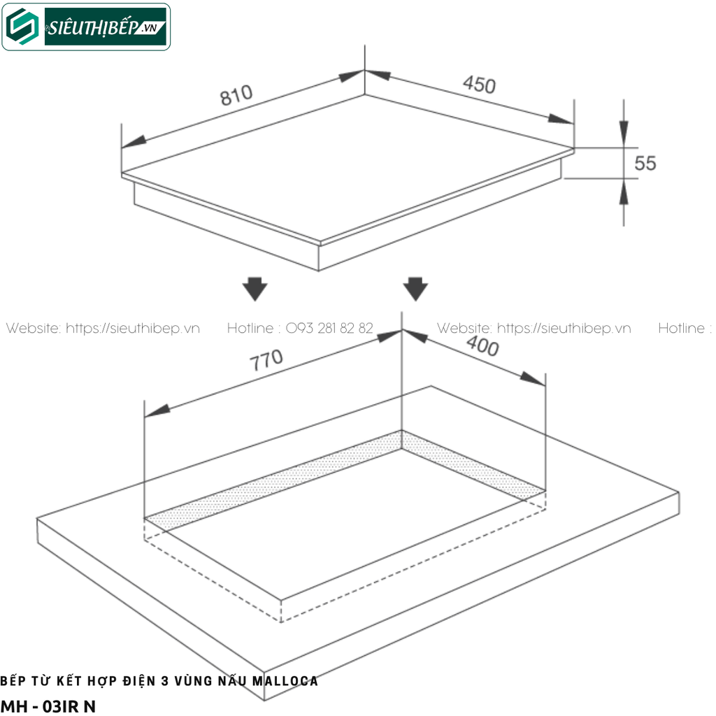 Bếp từ kết hợp điện Malloca MH - 03IR N (3 vùng nấu - Kính đen chấm bi chìm)