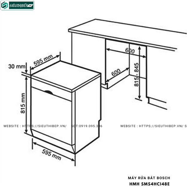 Máy rửa bát Bosch HMH SMS4HCI48E - Serie 4 (Độc lập - 14 bộ đồ ăn châu Âu)