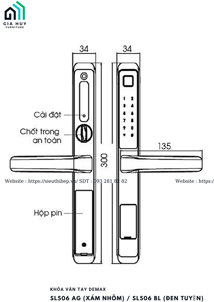 Khóa điện tử Demax SL506 AG (Xám Nhôm) / SL506 BL (Đen Tuyền) mở khóa thông minh