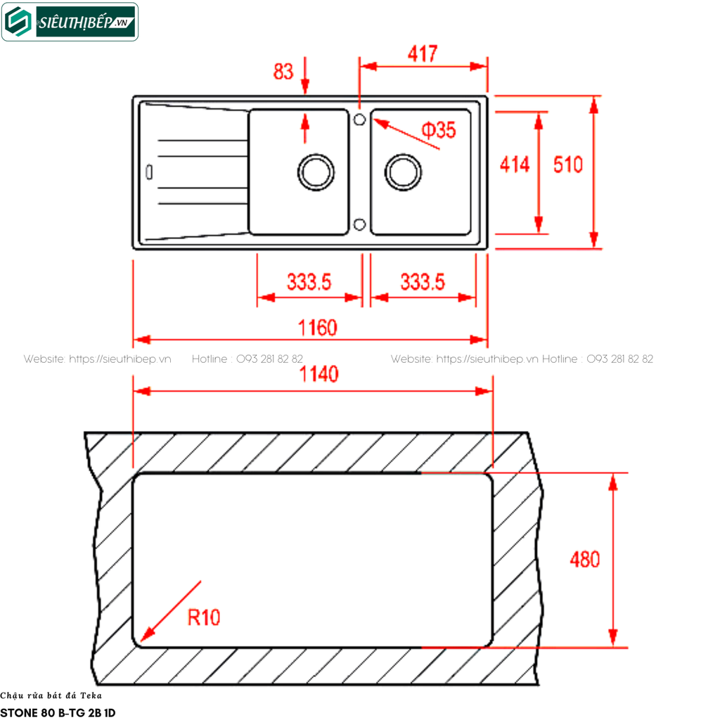 Chậu rửa bát Teka STONE 80 B-TG 2B 1D Black / Grey (Đá 2 hộc 1 bàn chờ)