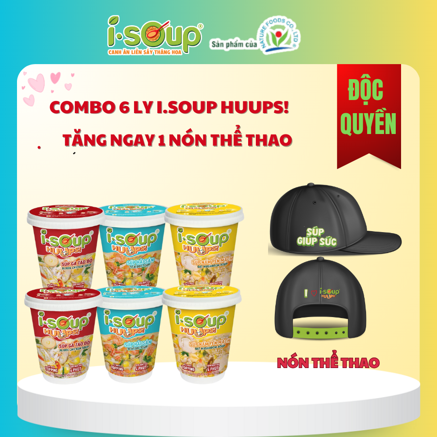 Combo 6 LY (2 SÚP GÀ TÁO ĐỎ + 2 SÚP NẤM YẾN MẠCH + 2 SÚP HẢI SẢN) ISOUP HUUPS TẶNG 1 NÓN THỂ THAO - Súp Ăn Liền Sấy Thăng Hoa