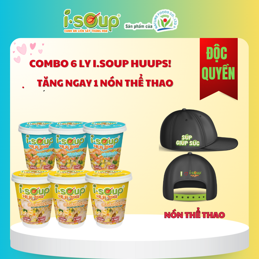 Combo 6 Ly (3 SÚP HẢI SẢN - 3 SÚP NẤM YẾN MẠCH ) ISOUP HUUPS TẶNG 1 NÓN THỂ THAO - Súp Ăn Liền Sấy Thăng Hoa