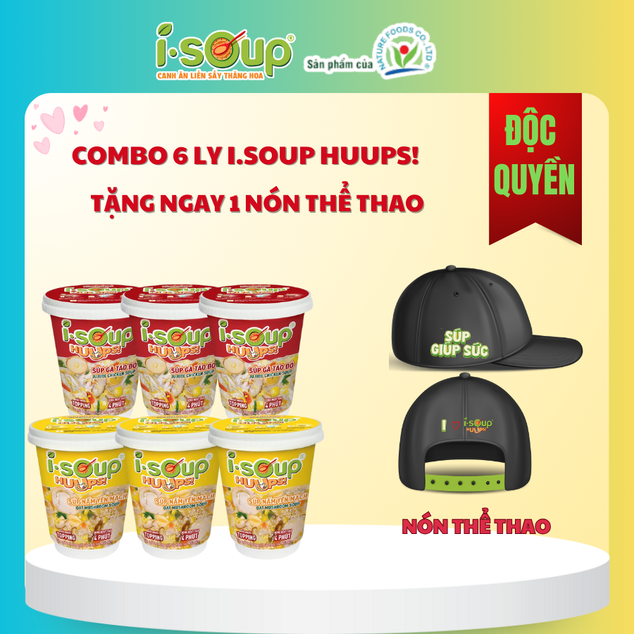 Combo 6 Ly (3 Súp Nấm Yến Mạch - 3 Súp Gà Táo Đỏ) ISOUP HUUPS TẶNG 1 NÓN THỂ THAO - Súp Ăn Liền Sấy Thăng Hoa