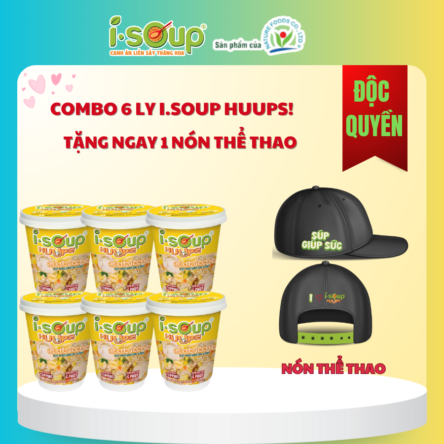 Combo 6 LY (6 Súp Nấm Yến Mạch) ISOUP HUUPS TẶNG 1 NÓN THỂ THAO - Súp Ăn Liền Sấy Thăng Hoa
