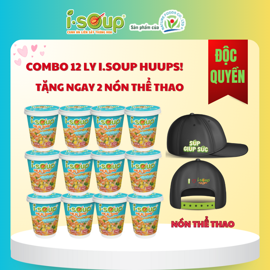Combo 12 LY (12 SÚP HẢI SẢN) ISOUP HUUPS TẶNG 2 NÓN THỂ THAO - Súp Ăn Liền Sấy Thăng Hoa