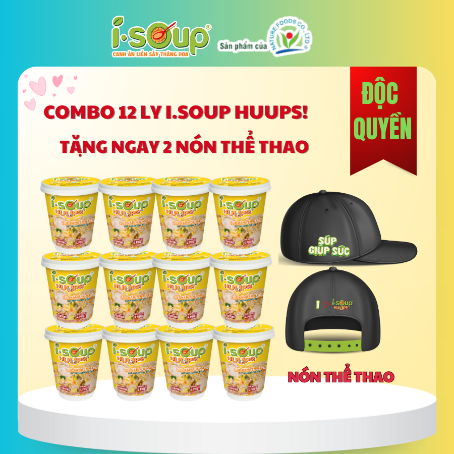 Combo 12 LY (12 SÚP NẤM YẾN MẠCH) ISOUP HUUPS TẶNG 2 NÓN THỂ THAO - Súp Ăn Liền Sấy Thăng Hoa
