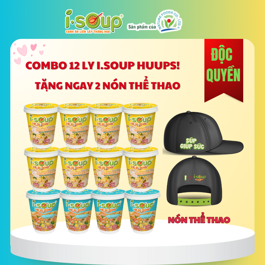 Combo 12 LY (8 LY SÚP NẤM YẾN MẠCH + 4 LY HẢI SẢN) ISOUP HUUPS TẶNG 2 NÓN THỂ THAO - Súp Ăn Liền Sấy Thăng Hoa