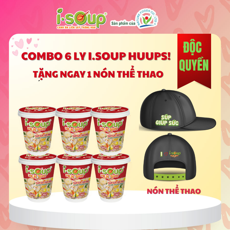 Combo 6 LY (6 Súp Gà Táo Đỏ ) ISOUP HUUPS TẶNG 1 NÓN THỂ THAO - Súp Ăn Liền Sấy Thăng Hoa