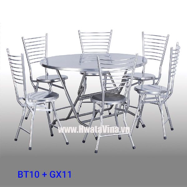Combo bàn tròn 1m + 6 ghế xếp inox dựa lưng GX11 Hwata
