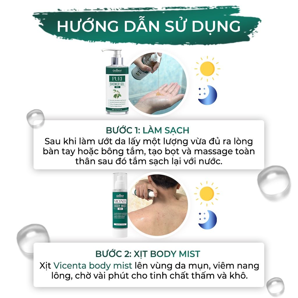 Combo Xịt Mụn Lưng , Giảm Viêm Nang Lông Dành Cho Nam Oriskin Vicenta Body Mist 100ml và Sữa Tắm Puri shower Gel 300ml