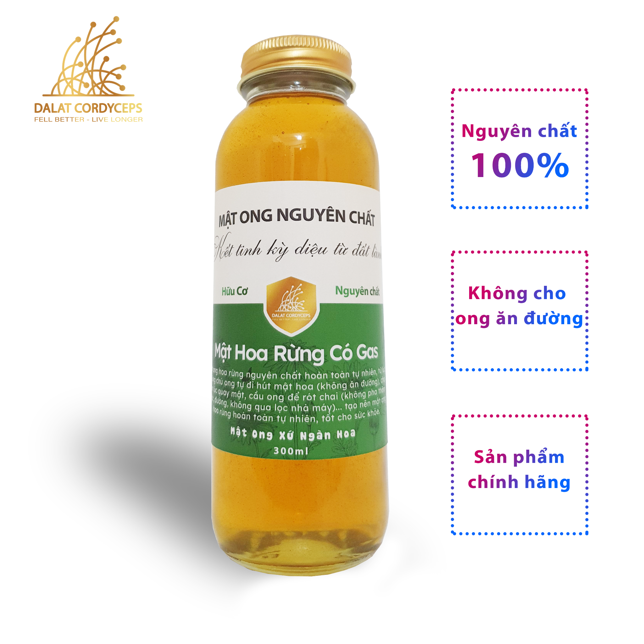 Mật ong hoa rừng nguyên chất có gas Dalat Cordyceps