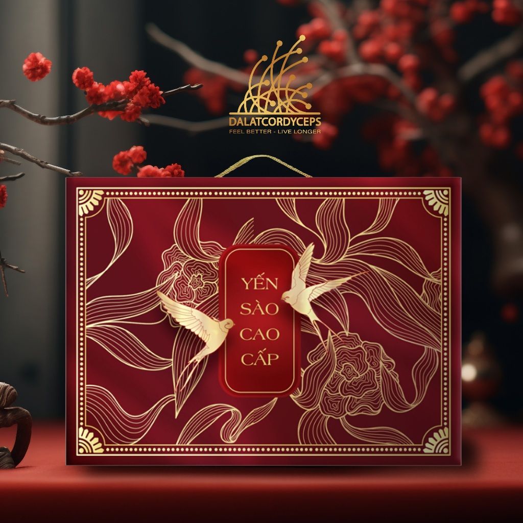 Hộp yến sào cao cấp đông trùng hạ thảo, nhân sâm, saffron, kỷ tử, long nhãn, hạt chia - Dalat Cordyceps - set 10 lọ yến