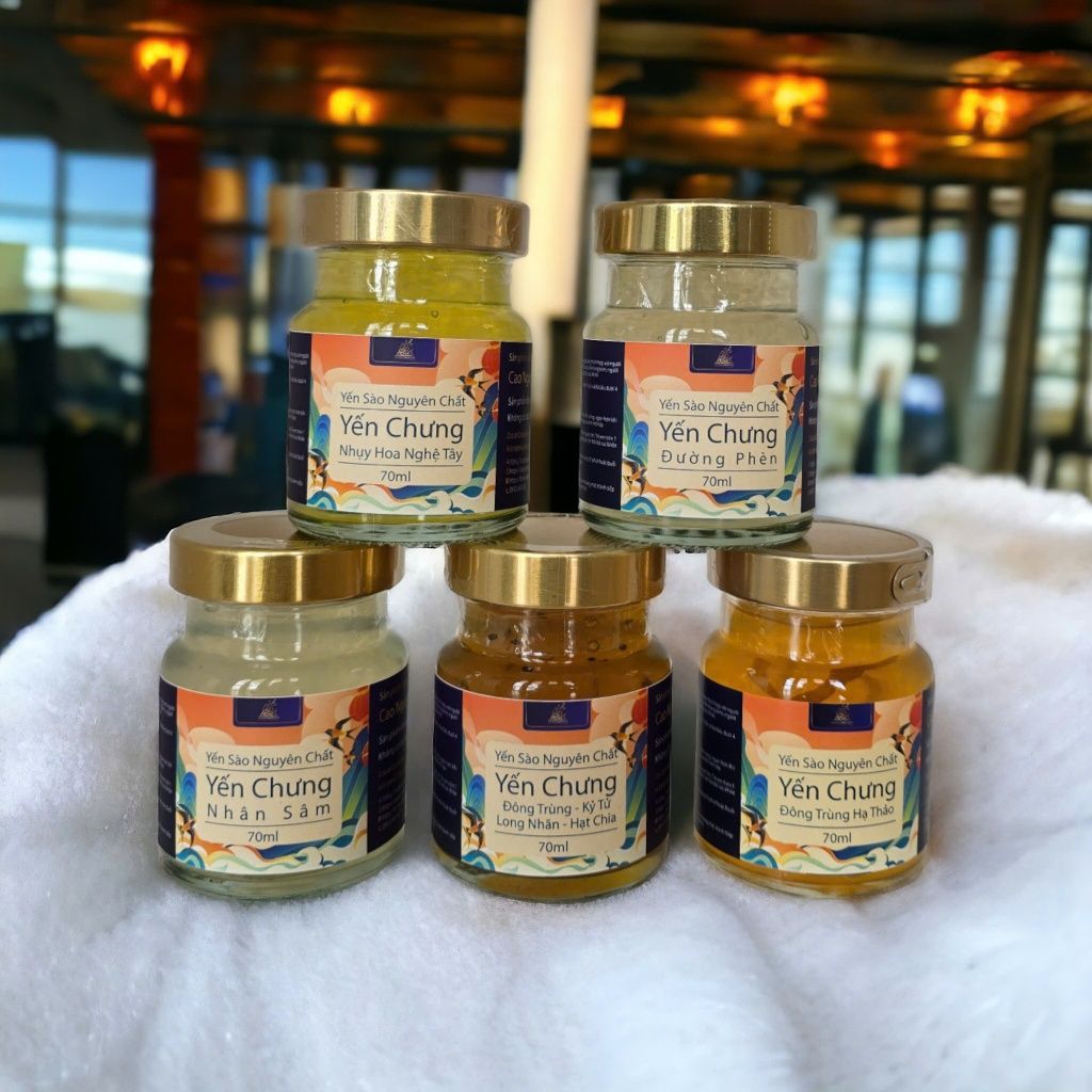 Hộp yến sào cao cấp đông trùng hạ thảo, nhân sâm, saffron, kỷ tử, long nhãn, hạt chia - Dalat Cordyceps - set 10 lọ yến
