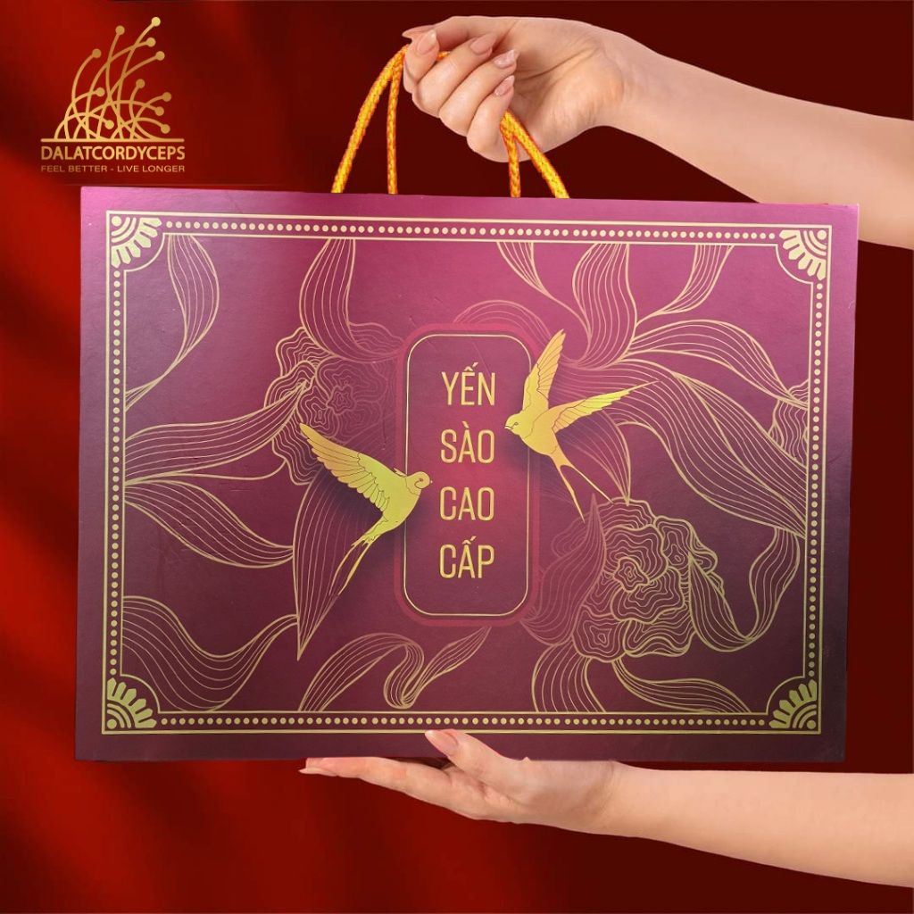 Hộp yến sào cao cấp đông trùng hạ thảo, nhân sâm, saffron, kỷ tử, long nhãn, hạt chia - Dalat Cordyceps - set 10 lọ yến