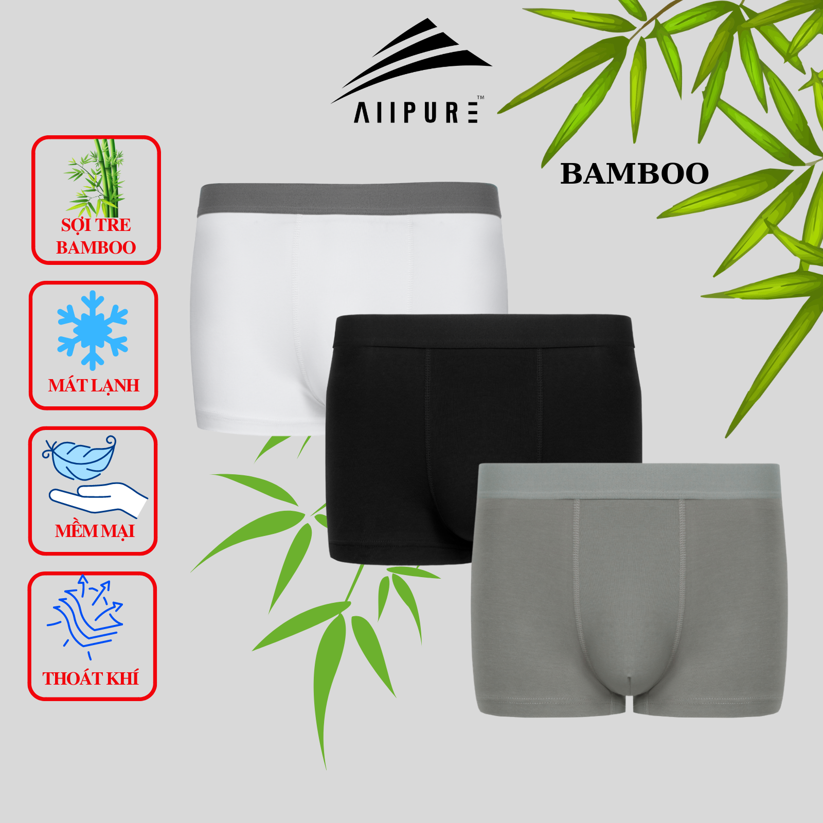 Combo 03 Quần lót nam Trunk Bamboo ALLPURE khử mùi, kháng khuẩn màu Trắng-Đen-Xám
