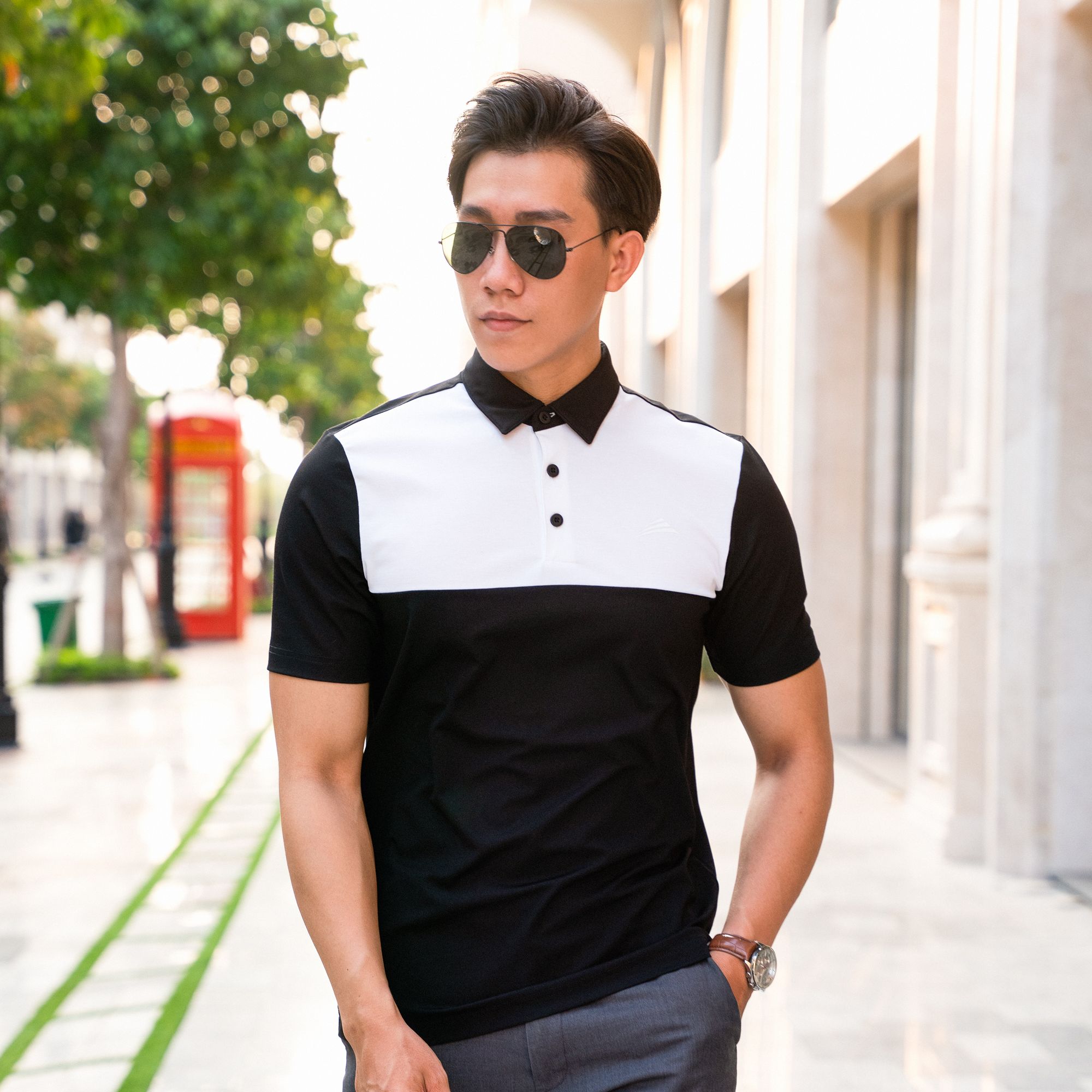 Áo Polo nam cổ sơ mi, phối ngực ALLPURE công nghệ Coolmax siêu mát, chống nhăn, ngăn mùi - màu Đen phối Trắng