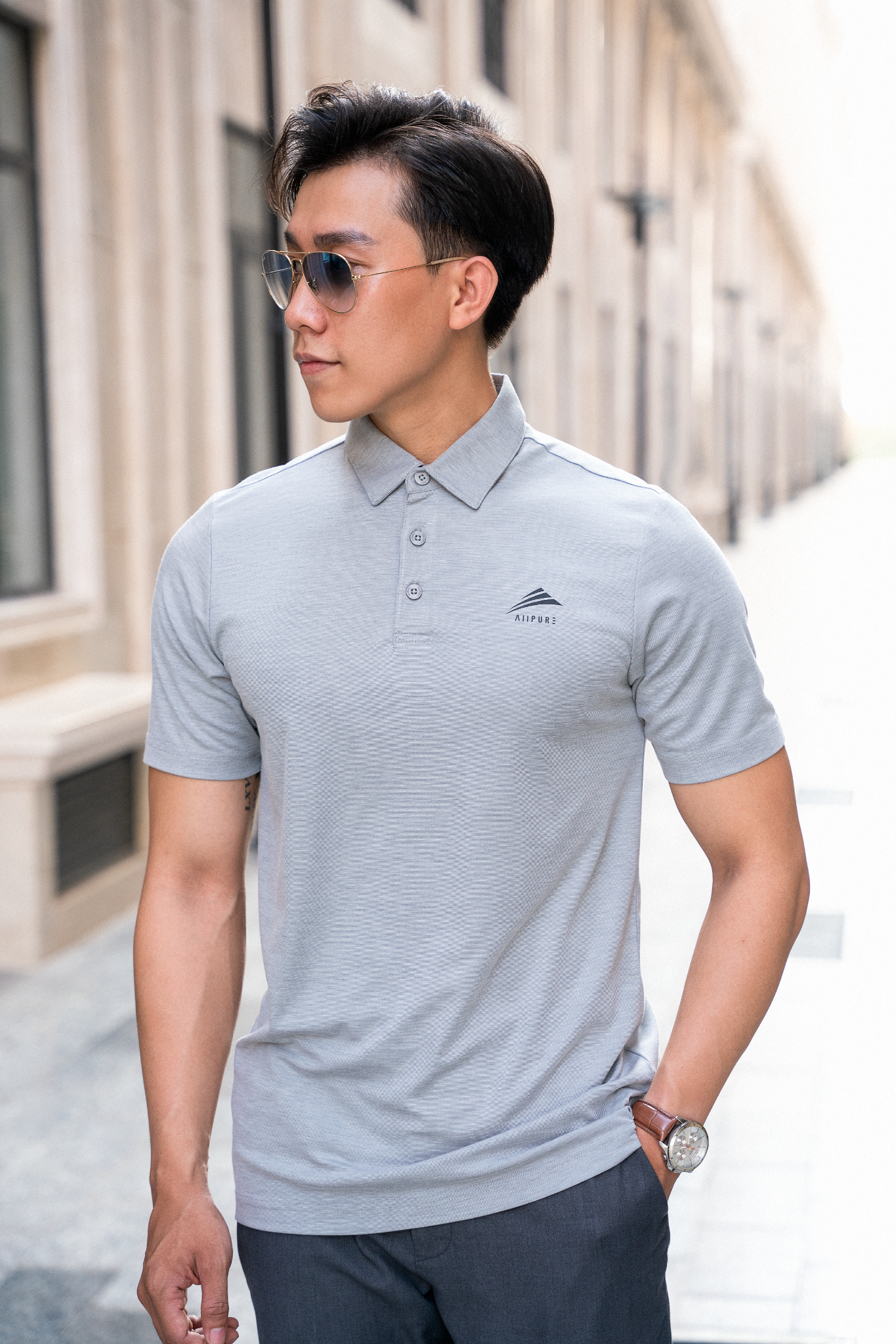Áo Polo nam cổ sơ mi cao cấp ALLPURE công nghệ coolmax chống nhăn ngăn mùi - màu Xám nhạt