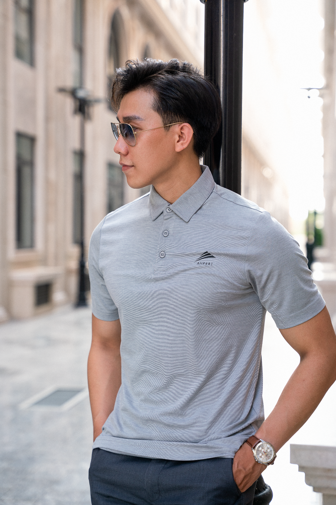 Áo Polo nam cổ sơ mi cao cấp ALLPURE công nghệ coolmax chống nhăn ngăn mùi - màu Xám nhạt