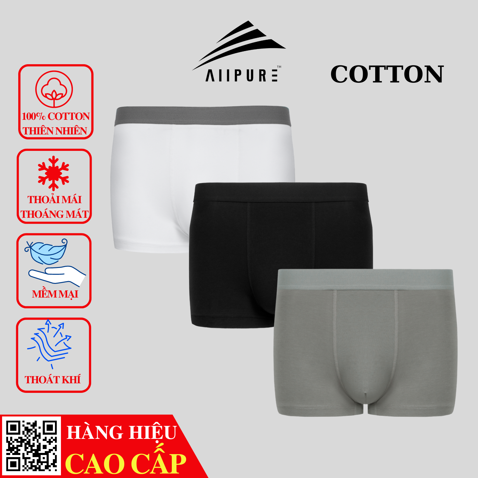 Combo 03 quần lót nam Trunk Cotton Compact co giãn, khử mùi, kháng khuẩn-Trắng-Đen-Xám