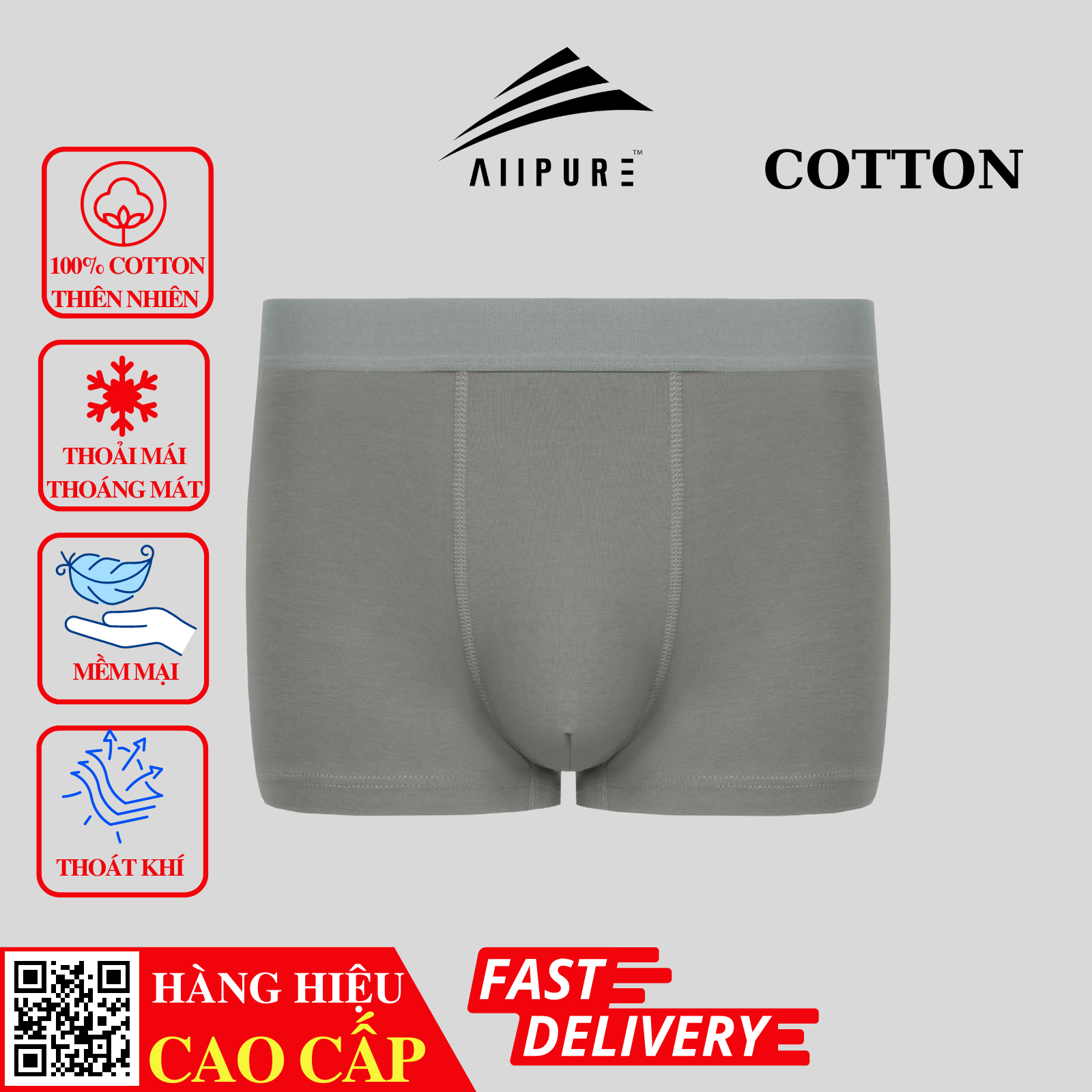 Combo 03 quần lót nam Trunk Cotton Compact co giãn, khử mùi, kháng khuẩn-Trắng-Đen-Xám