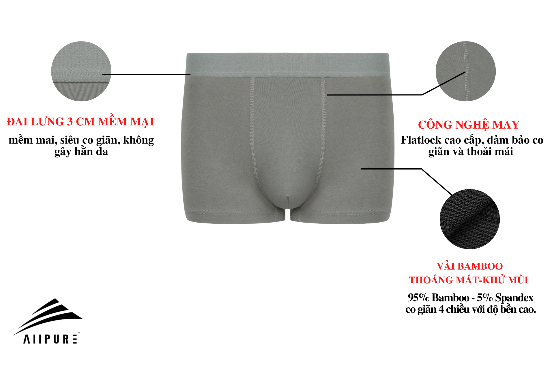Combo 03 Quần lót nam Trunk Bamboo ALLPURE khử mùi, kháng khuẩn màu Trắng-Đen-Xám