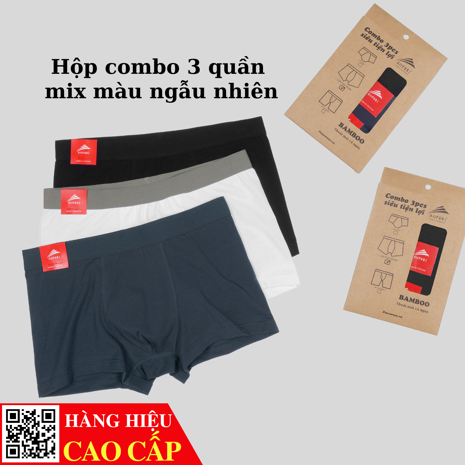 Combo 03 Quần lót nam Trunk Bamboo ALLPURE khử mùi, kháng khuẩn màu-Xanh-Xám-Đen