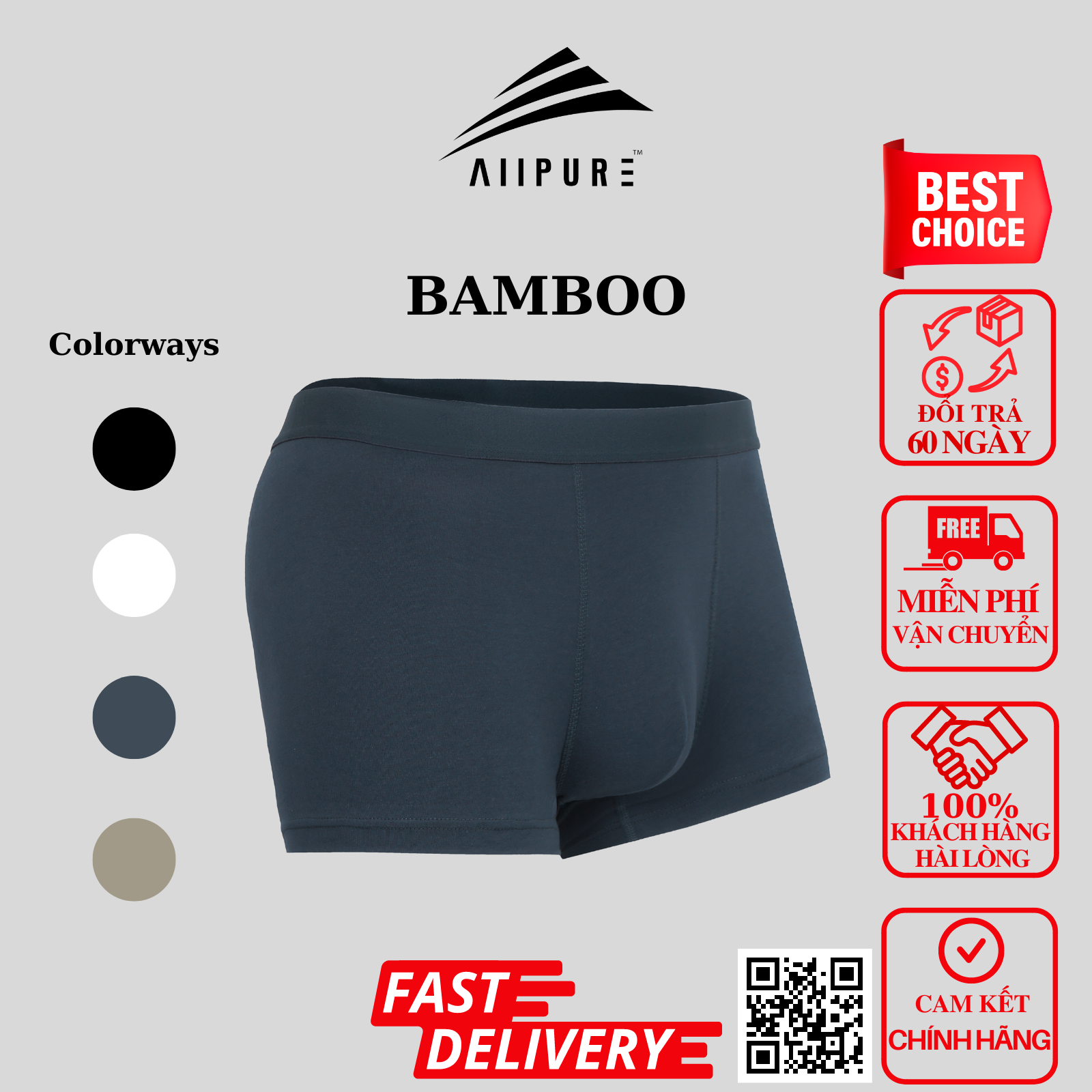 Combo 03 Quần lót nam Trunk Bamboo ALLPURE khử mùi, kháng khuẩn màu Xám-Đen-Xanh
