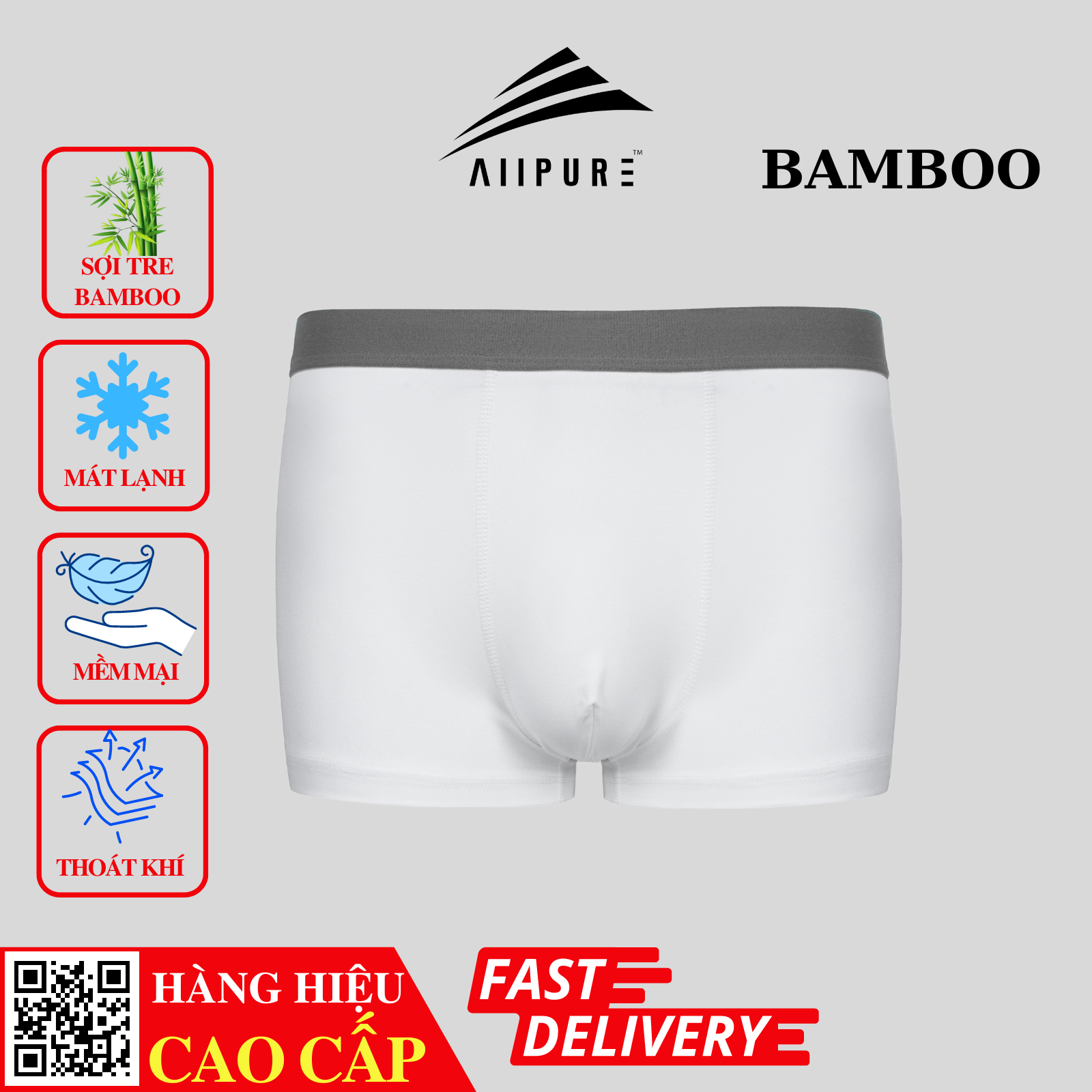 Combo 03 Quần lót nam Trunk Bamboo ALLPURE khử mùi, kháng khuẩn màu Trắng-Đen-Xám