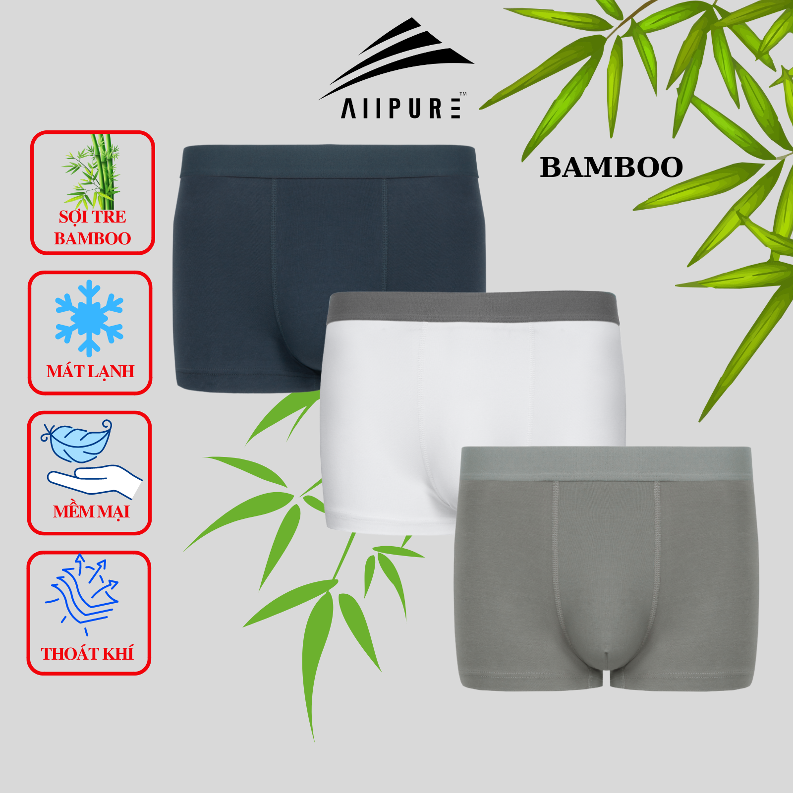 Combo 03 Quần lót nam Trunk Bamboo ALLPURE khử mùi, kháng khuẩn màu-Xanh-Trắng-Xám