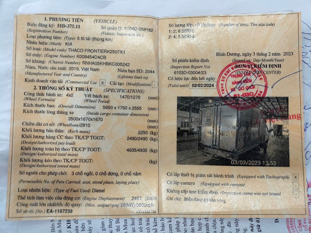XE CŨ - KIA K250 2T490 2019 THÙNG KÍN