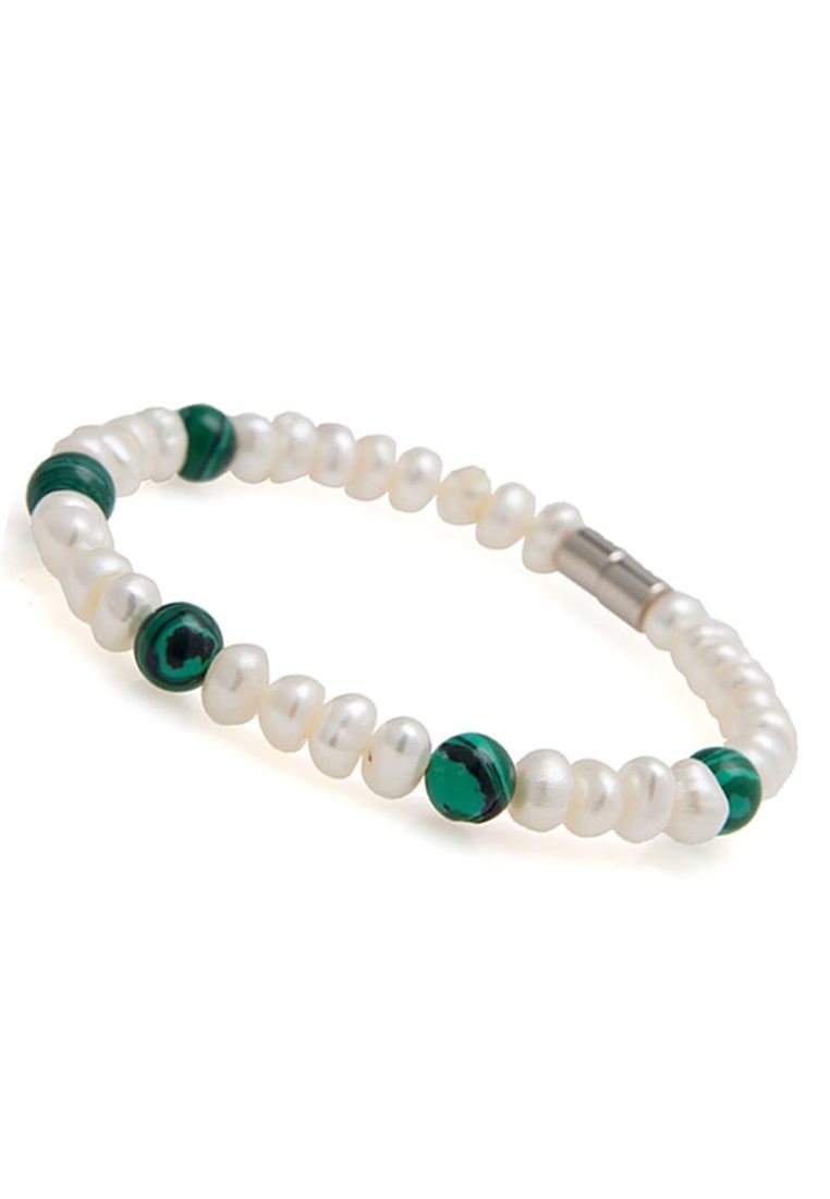  Vòng tay ngọc trai trắng mix đá malachite tự nhiên 7mm 