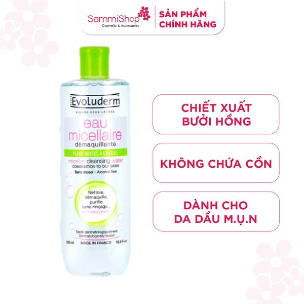 Evoluderm Nước tẩy trang Micellar Cleansing Water Combination To Oily Skins 500ml