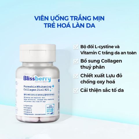 Blissberry viên uống sáng da Pureskin Whitening Collagen 2in1 K21 60v