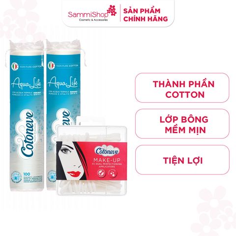 COTONEVE Combo 2 Bông tẩy trang may viền dập nổi AQUA LIFE CT002 (100 miếng) + Tăm bông CT020