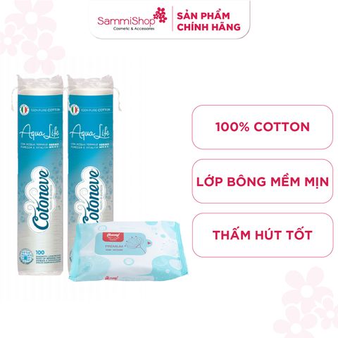 COTONEVE Combo 2 Bông tẩy trang may viền dập nổi AQUA LIFE CT002 (100 miếng) + Khăn ướt Ikami 20m