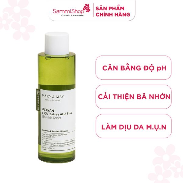 Mary&May Nước hoa hồng Vegan CICA Tea Tree AHA PHA Blemish Toner 200ml