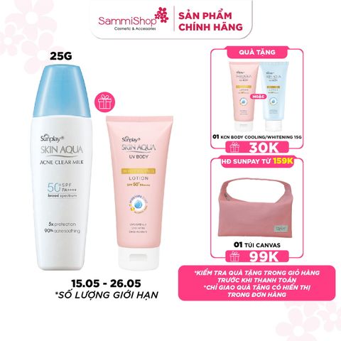 Sunplay Sữa chống nắng  Skin Aqua Acne Clear Milk SPF50+ PA++++ 25g + quà