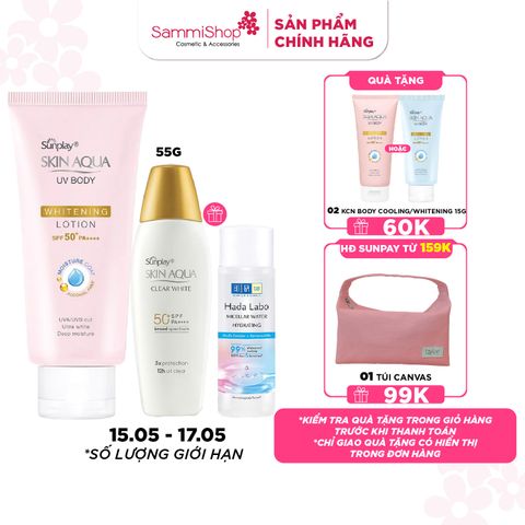 [15.05 - 17.05] Sunplay Sữa chống nắng Skin Aqua Clear White SPF50+ PA++++ 55g + quà + Sunplay Kem chống nắng dưỡng thể Skin Aqua UV Body Whitening SPF 50+ PA++++ 150g