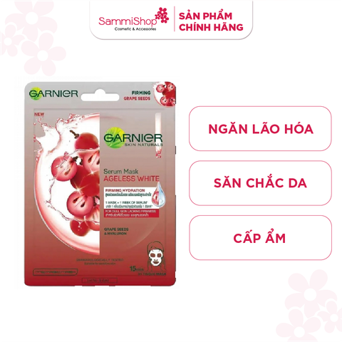 Garnier Mặt nạ giấy Serum Mask Ageless White Firming Hydration Grape Seeds & Hyaluron 28g