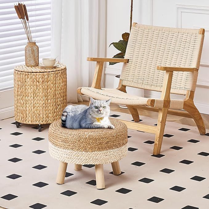 Lafos HandiCraft-Handmade Natural Water Hyacinth Outdoor Footrest, Sofa Side Table-High Quality Sponge Seat Cushion