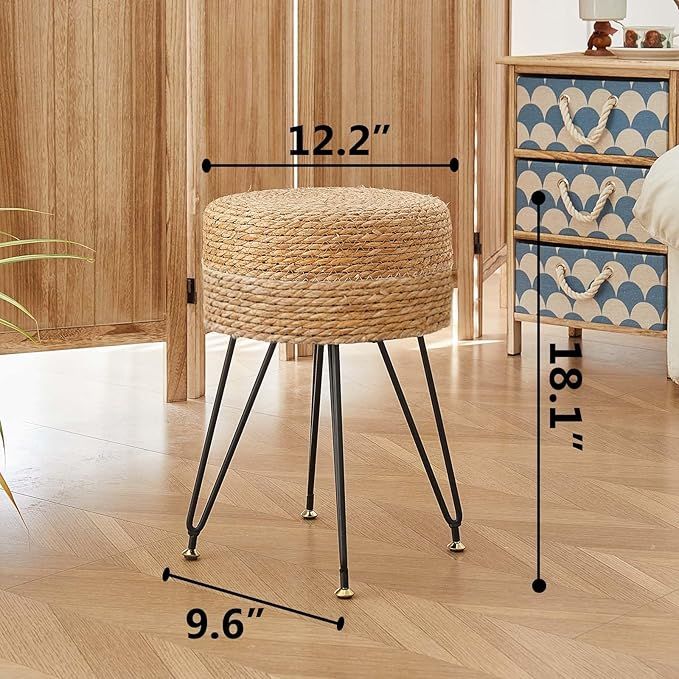 Lafos HandiCraft- High Quality Sponge Seat Cushion- Hand Weave Natural Seagrass Footstool, Modern Multifunctional Vanity Stools Chair, Foot Rest Dressing Stool with Metal Leg, Natural Color