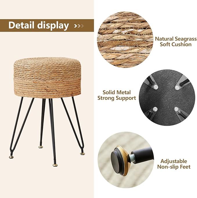 Lafos HandiCraft- High Quality Sponge Seat Cushion- Hand Weave Natural Seagrass Footstool, Modern Multifunctional Vanity Stools Chair, Foot Rest Dressing Stool with Metal Leg, Natural Color