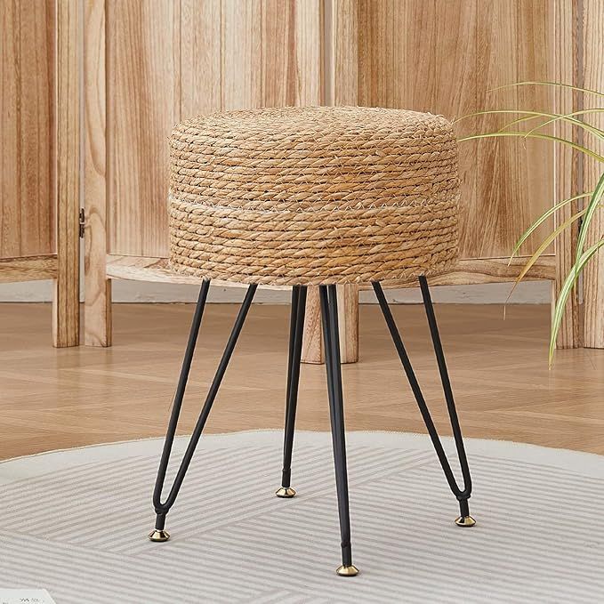 Lafos HandiCraft- High Quality Sponge Seat Cushion- Hand Weave Natural Seagrass Footstool, Modern Multifunctional Vanity Stools Chair, Foot Rest Dressing Stool with Metal Leg, Natural Color
