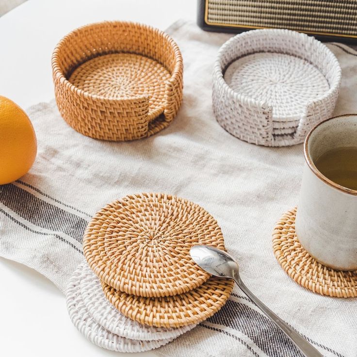Lafos HandiCraft-6pcs, Rattan Coasters Set, Braided Coasters With Storage Organizer, Handmade Braided Natural Coasters, Square Rattan Teacup Mats, Creative Kitchen Table Crafts, Stylish Drinks HolderTray