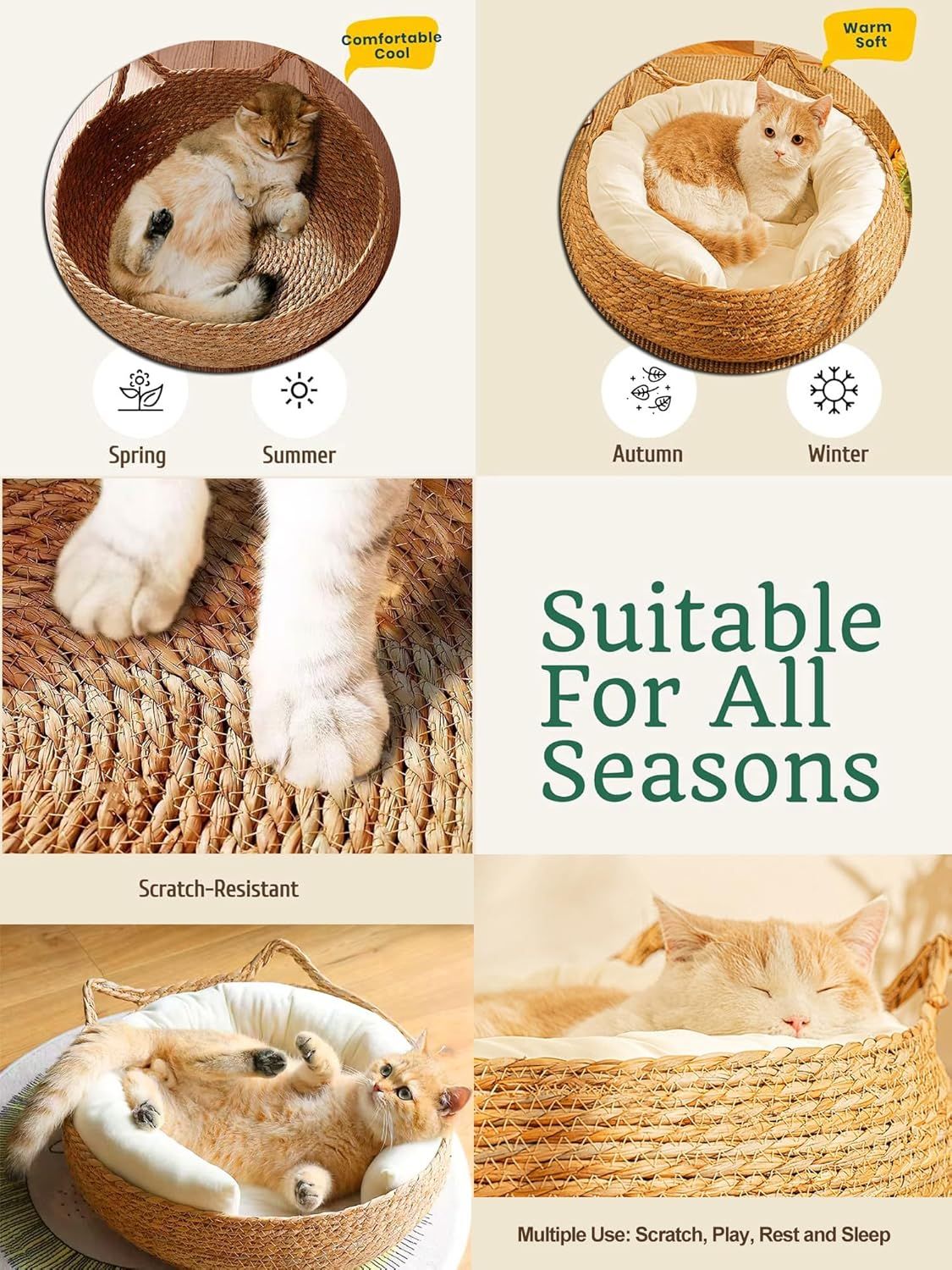 LAFOS Cat Bed, Woven Pet Bed, Handmade Natural Rattan Round Wicker Cat Deep Sleep Bed with Detachable Cushion-Pet nests