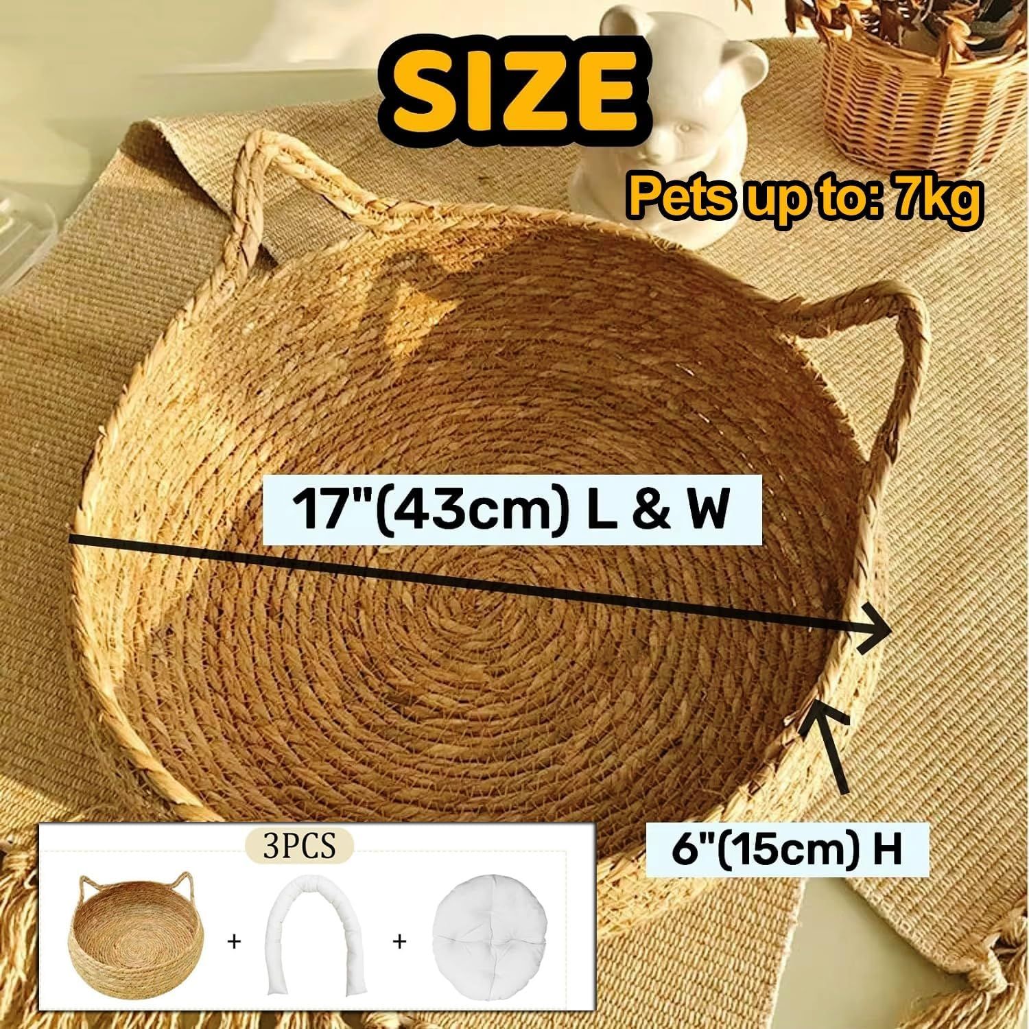 LAFOS Cat Bed, Woven Pet Bed, Handmade Natural Rattan Round Wicker Cat Deep Sleep Bed with Detachable Cushion-Pet nests